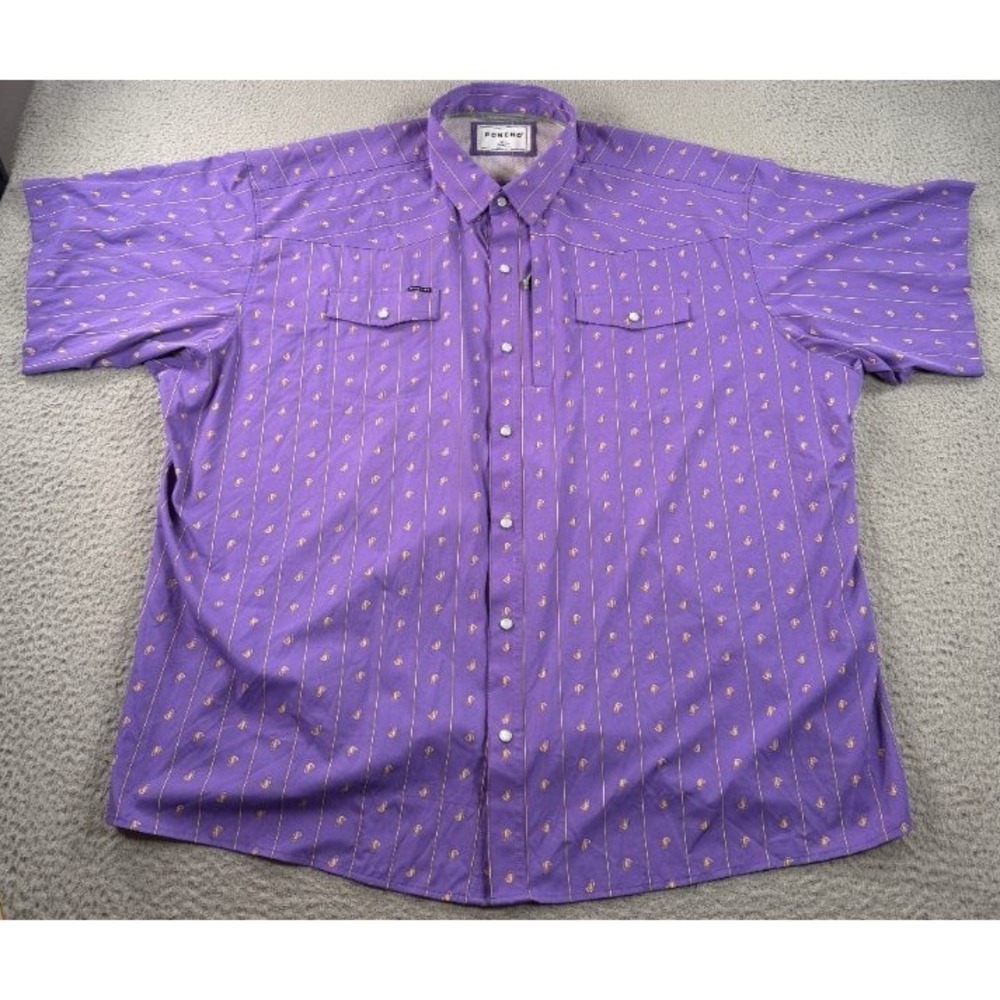 Poncho The Hoodoo Shirt Mens 3XL Purple Shrimp AOP Pearl Snap Short Sleeve